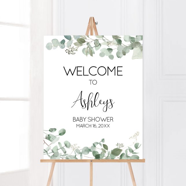 Póster Bienvenidos a Baby Shower a Eucalyptus Greenery (Oh Baby Greenery Baby Shower Welcome Sign)