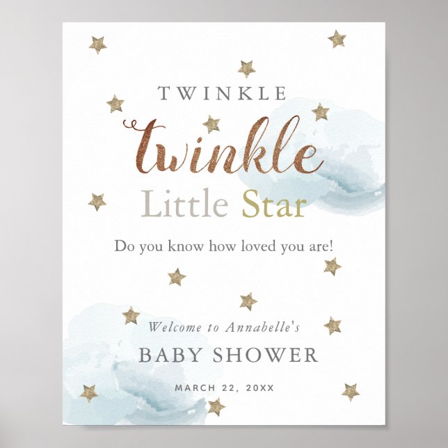 Póster Bienvenidos a Baby Shower a Gold Stars & Blue Clou (Frente)