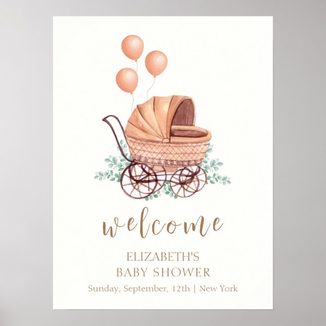 Póster Bienvenidos a Baby Shower a Greenery Stroller Ball (Frente)