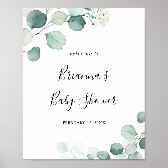 Póster Bienvenidos a Baby Shower a la hoja verde de eucal (Frente)