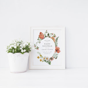 Póster Bienvenidos a Baby Shower a la mariposa de flores