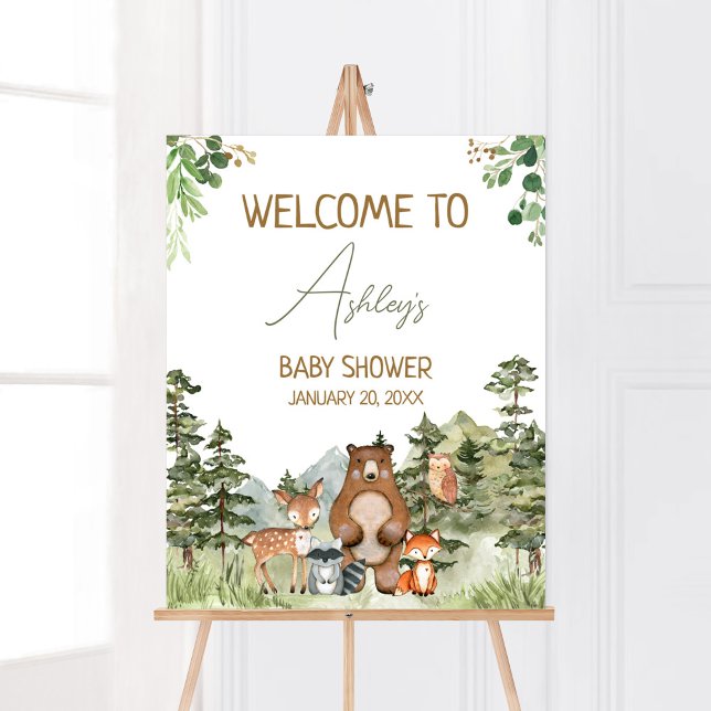 Póster Bienvenidos a Baby Shower a los Animales de Greene (Greenery Forest Animals Baby Shower Welcome Sign)