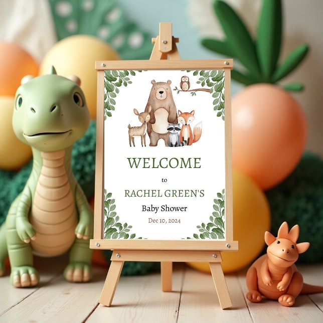 Póster Bienvenidos a Baby Shower a los animales de la sel (Cute Forest Woodland Animals Baby Shower Welcome Poster)