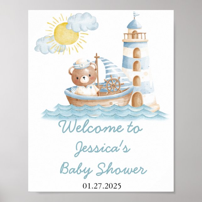 Póster Bienvenidos a Baby Shower a Nautical Bear Watercol (Frente)