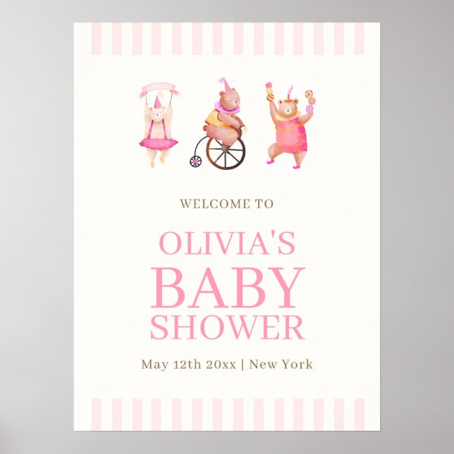 Póster Bienvenidos a Baby Shower a Pink Cute Circus Teddy (Frente)