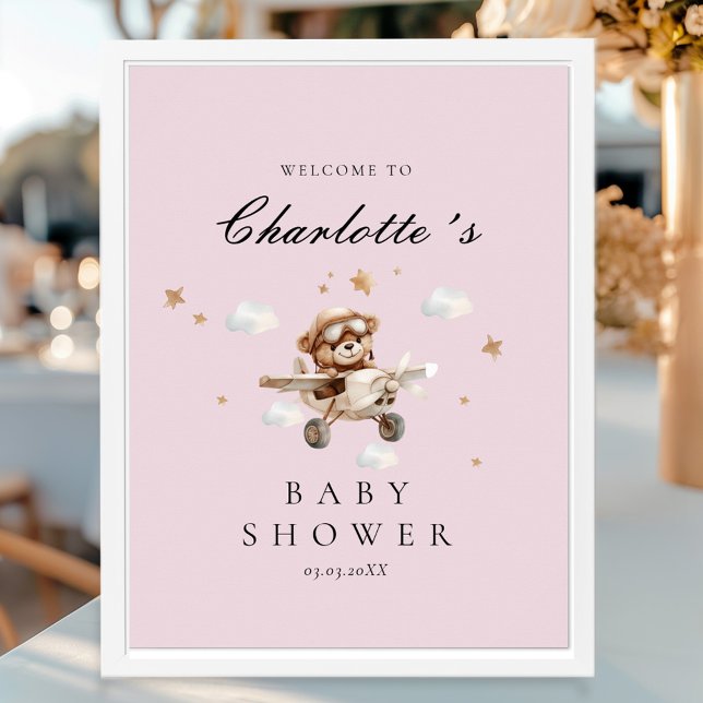Póster Bienvenidos a Baby Shower a Teddy Bear & Airplane (Personalized Teddy Bear & Airplane Welcome Baby Shower Poster)