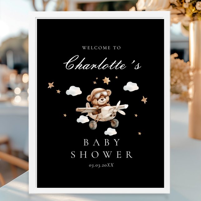 Póster Bienvenidos a Baby Shower a Teddy Bear & Airplane (Teddy Bear & Airplane Welcome Baby Shower Poster)