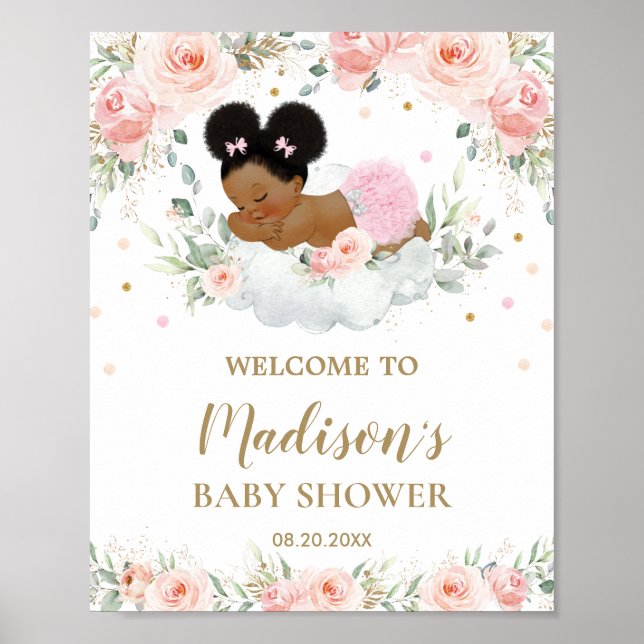 Póster Bienvenidos a Baby Shower afroamericano con flores (Frente)