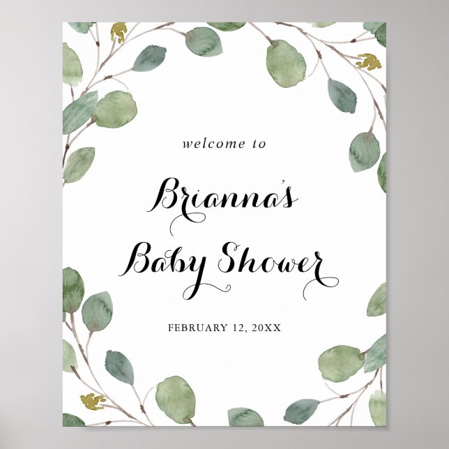 Póster Bienvenidos a Baby Shower al follaje verde Eucalyp (Frente)