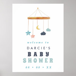 Póster Bienvenidos a Baby Shower azul de la moderna cuna