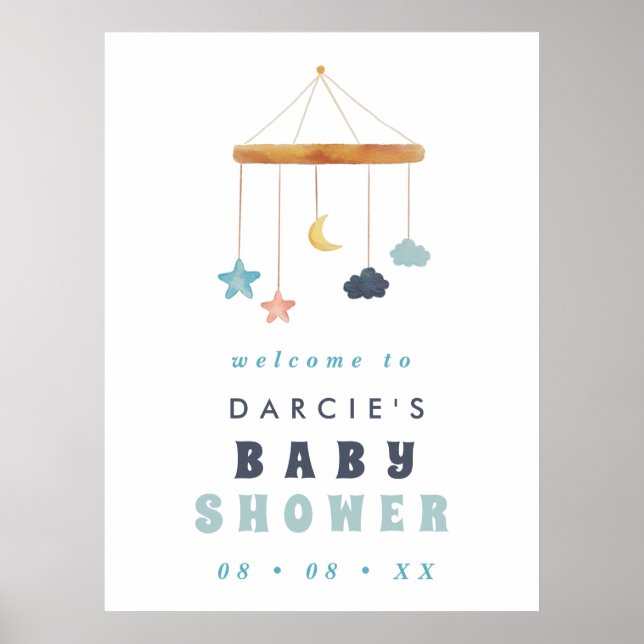 Póster Bienvenidos a Baby Shower azul de la moderna cuna  (Frente)