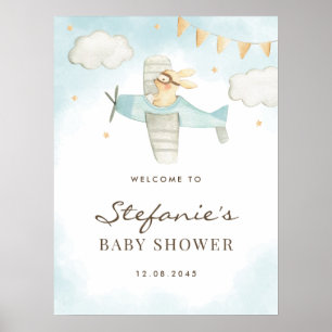 Póster Bienvenidos a Baby Shower azul para el avión Bunny