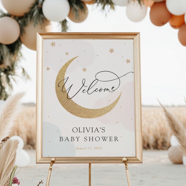 Póster Bienvenidos a Baby Shower azul y rosa en la Luna y (Subido por el creador)