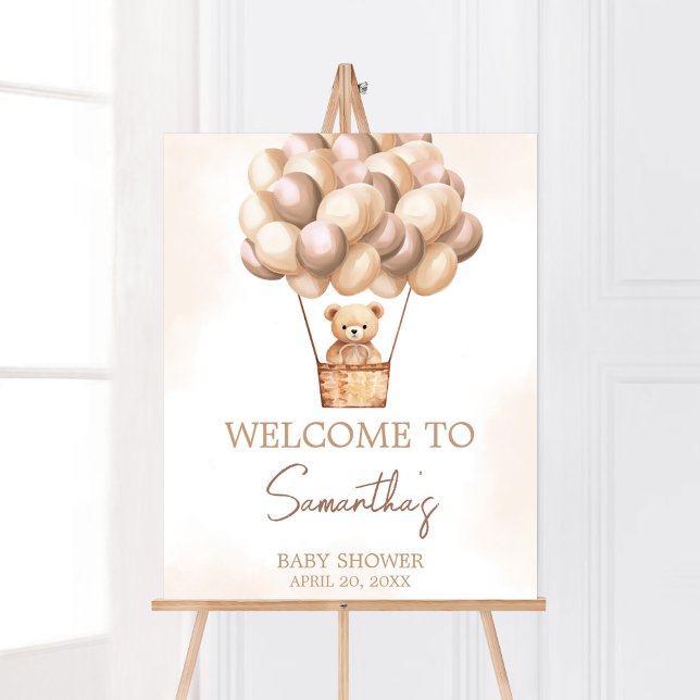 Póster Bienvenidos a Baby Shower Bear Air Balloon (Gender Neutral Baby Bear Baby Shower Welcome Sign)