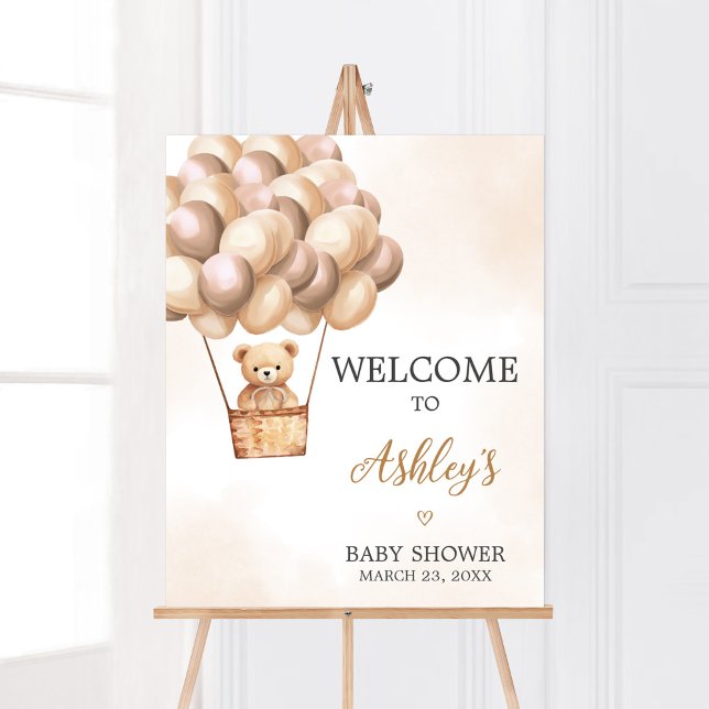 Póster Bienvenidos a Baby Shower Bear Air Balloon (Boho Brown Bear Baby Shower Welcome Sign)