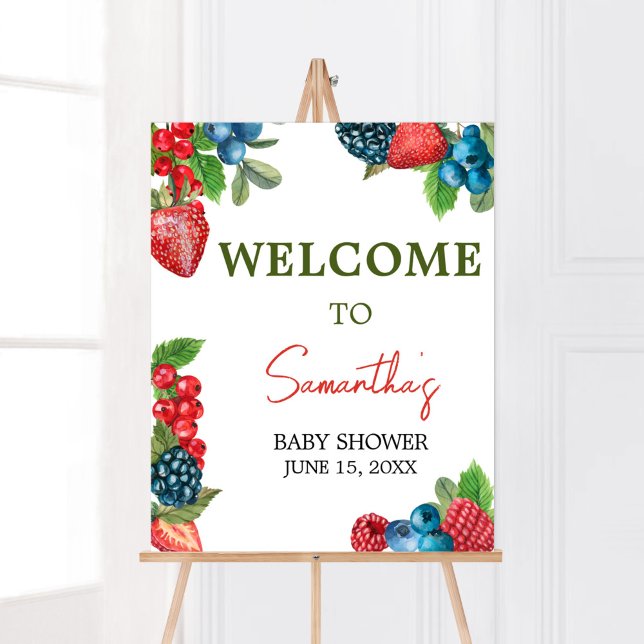 Póster Bienvenidos a Baby Shower Berry Sweet (Red and Blue Berries Baby Shower Welcome Sign)