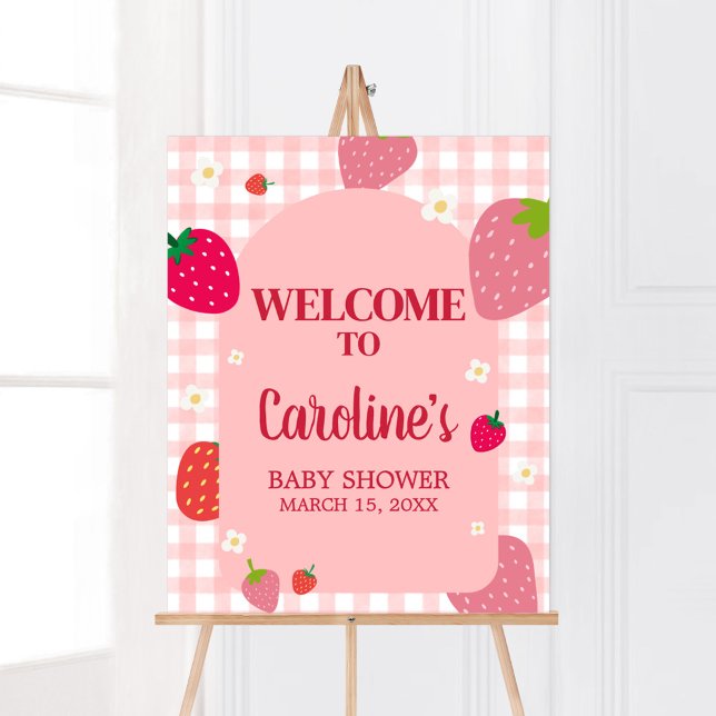 Póster Bienvenidos a Baby Shower Berry Sweet Gingham Stra (Gingham Strawberry Berry Sweet Baby Shower Welcome Sign)