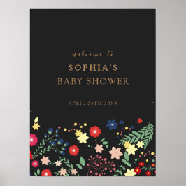 Póster Bienvenidos a Baby Shower Black Elegant Wildflower