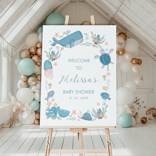 Póster Bienvenidos a Baby Shower Boys Blue Ocean Under Se (Boys Blue Under The Sea baby Shower Welcome Sign Template, Editable Ocean Themed Baby Shower Welcome)