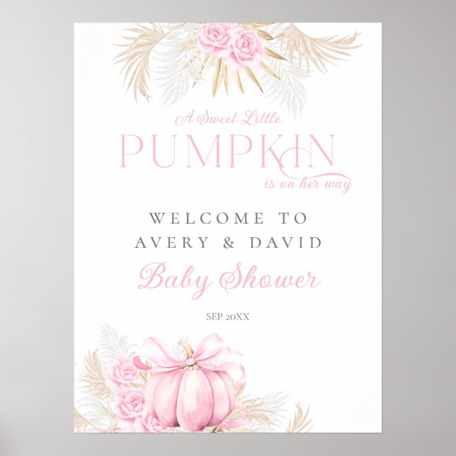 Póster Bienvenidos a Baby Shower Chica de calabaza rosa F (Frente)
