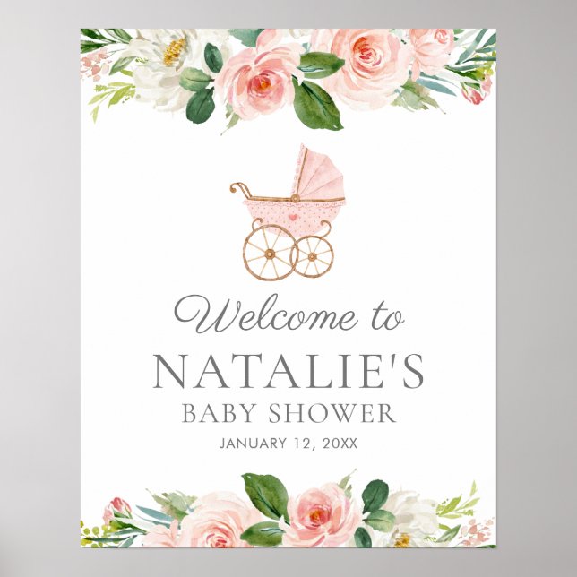 Póster Bienvenidos a Baby Shower Chica Floral Rosa (Frente)