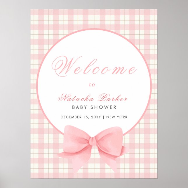 Póster Bienvenidos a Baby Shower, Chica Pink Gingham Plai (Frente)