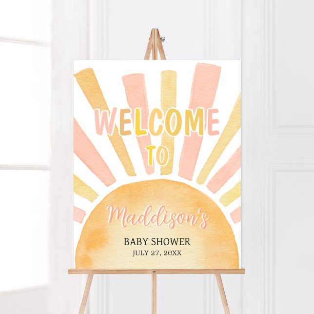Póster Bienvenidos a Baby Shower chica Un pequeño rayo de (Pink Boho Sunshine Baby Shower Welcome Sign)