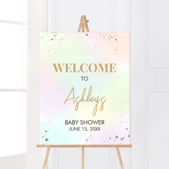 Póster Bienvenidos a Baby Shower con arco iris acuático (Pastel Gold Sprinkle Baby Shower Welcome Sign)