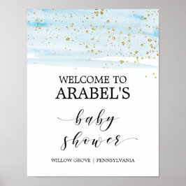 Póster Bienvenidos a Baby Shower con color azul y oro