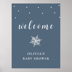 Póster Bienvenidos a Baby Shower con copas de nieve azul 