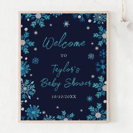 Póster Bienvenidos a Baby Shower con copos de nieve azule