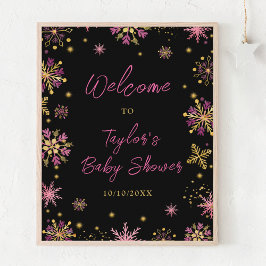 Póster Bienvenidos a Baby Shower con copos de nieve dorad