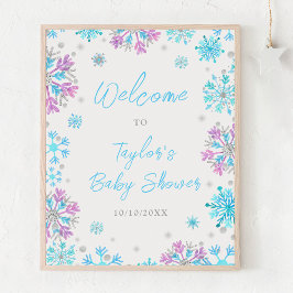 Póster Bienvenidos a Baby Shower con copos de nieve morad