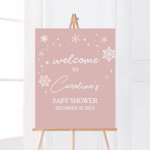 Póster Bienvenidos a Baby Shower con copos de nieve rosad