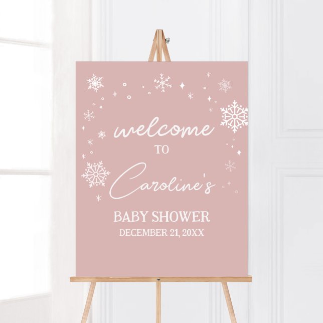 Póster Bienvenidos a Baby Shower con copos de nieve rosad (Modern Pink Baby It's Cold Outside Baby Shower Welcome Sign)