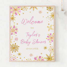 Póster Bienvenidos a Baby Shower con copos de nieve rosad
