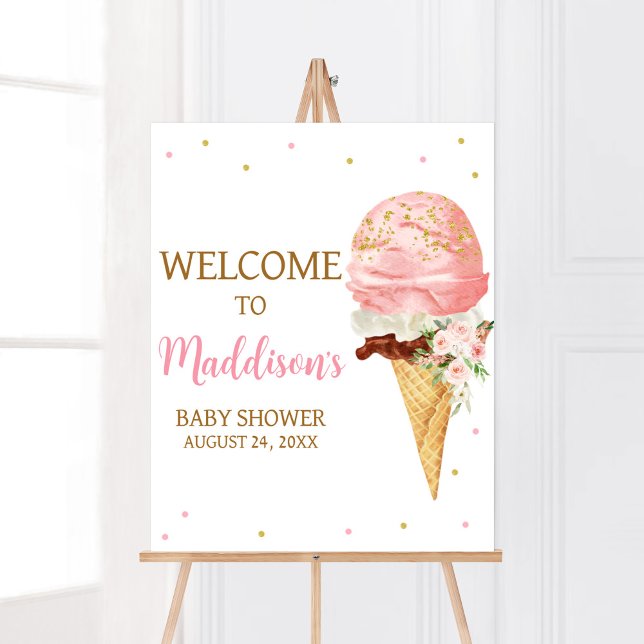 Póster Bienvenidos a Baby Shower con crema de hielo rosa (Here is the Scoop Baby Shower Welcome Sign)