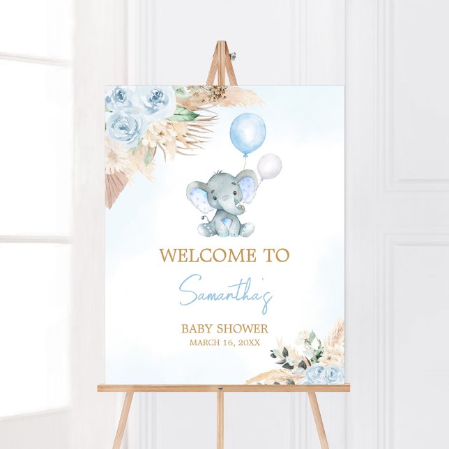 Póster Bienvenidos a Baby Shower con Elephant Blue Balloo (Blue Floral Pampas Grass Elephant Baby Shower Welcome Sign)