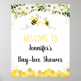 Póster Bienvenidos a Baby Shower con floral Bee Gold