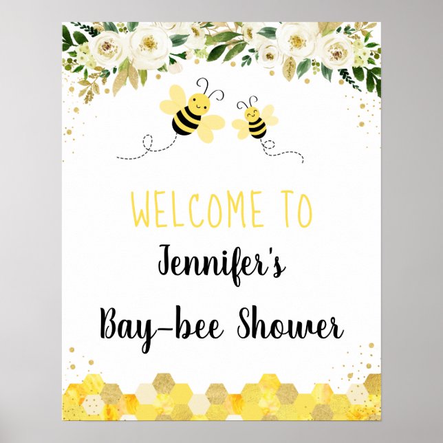 Póster Bienvenidos a Baby Shower con floral Bee Gold (Frente)