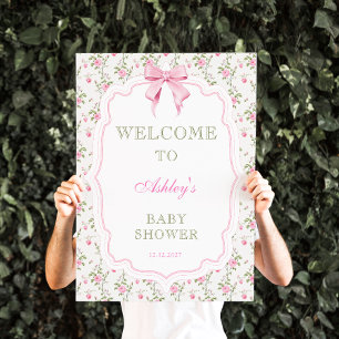 Póster Bienvenidos a Baby Shower con Floral Rosa Bow Vint