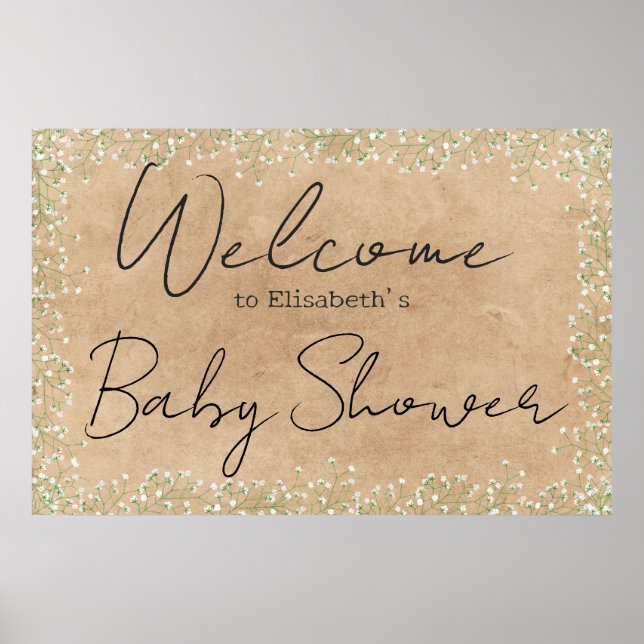Póster Bienvenidos a Baby Shower con flores de aliento pa
