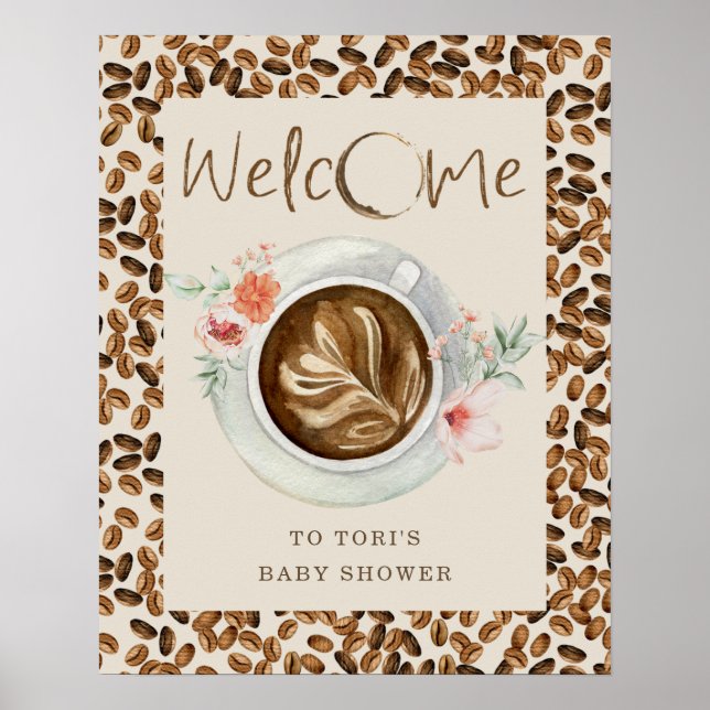 Póster Bienvenidos a Baby Shower con flores de café (Frente)