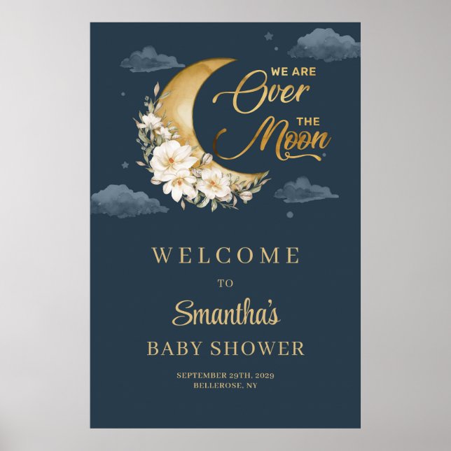 Póster Bienvenidos a Baby Shower con flores de luna de or (Frente)