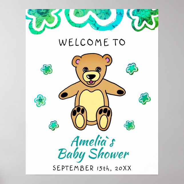 Póster Bienvenidos a Baby Shower con flores de oso Teddy  (Frente)
