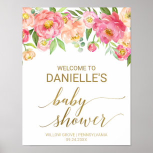 Póster Bienvenidos a Baby Shower con flores de peón rosa 