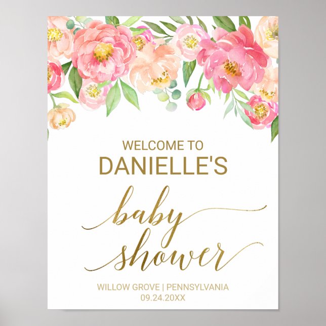 Póster Bienvenidos a Baby Shower con flores de peón rosa  (Frente)