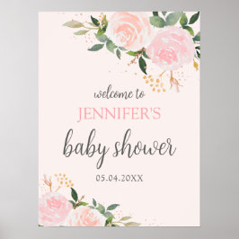 Póster Bienvenidos a Baby Shower con flores rosadas