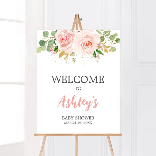 Póster Bienvenidos a Baby Shower con flores rosadas (A Sweet Baby Girl Baby Shower Welcome Sign)