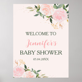 Póster Bienvenidos a Baby Shower con flores rosadas
